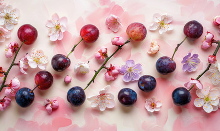Assorted plums with a touch of plum blossoms on a pale pink backdropの素材