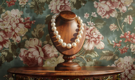 A luxurious wooden pedestal with a polished finish, displaying a pearl necklace on a classic floral wallpaper backdropの素材