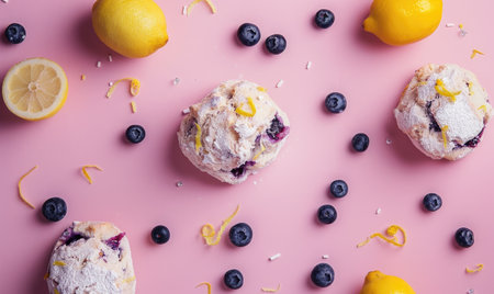 Blueberry scones on a pastel pink surface, lemon zestの素材