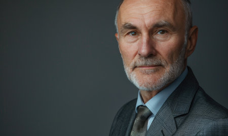 Classic headshot of a businessman in a charcoal gray suit against a neutral gray backgroundの素材