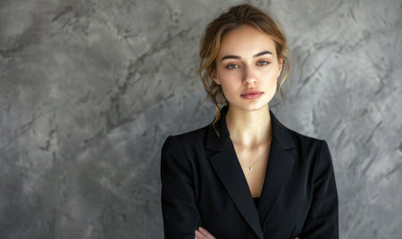 Contemporary portrait of a businesswoman in a dark suit against a textured gray backgroundの素材