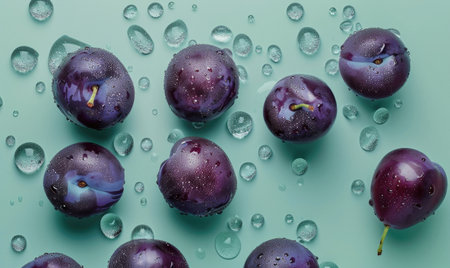 Dark purple plums on a pastel green backgroundの素材