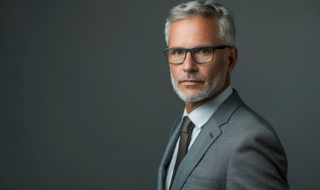 Corporate portrait of a middle-aged man in a gray suit against a matte gray backgroundの素材