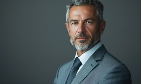 Corporate portrait of a middle-aged man in a gray suit against a matte gray backgroundの素材