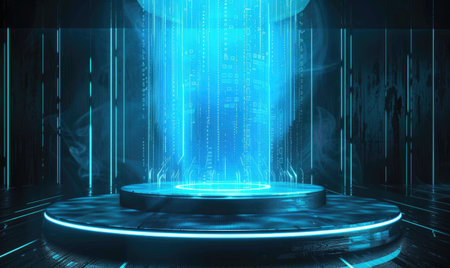 Glass pedestal with floating shelves, futuristic digital display backdropの素材