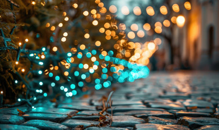 Garland of cold teal lights on the cobblestone backgroundの素材