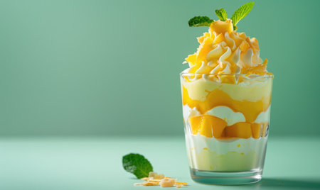 Mango parfait on a pastel green background, layered and refreshingの素材