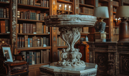 Marble pedestal with intricate carvings, historic library backdrop, antique lamp lightingの素材