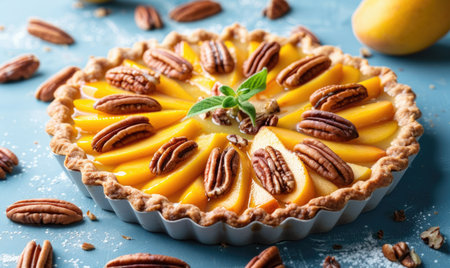 Mango and pecan tart on a pastel blue backgroundの素材