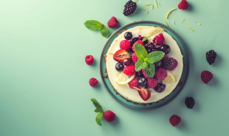 Mixed berry cheesecake on a pale green backdropの素材