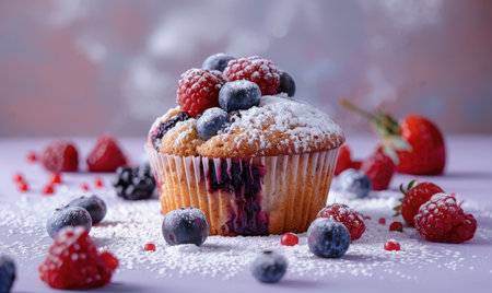 Mixed berry muffin on a pale lavender backdropの素材