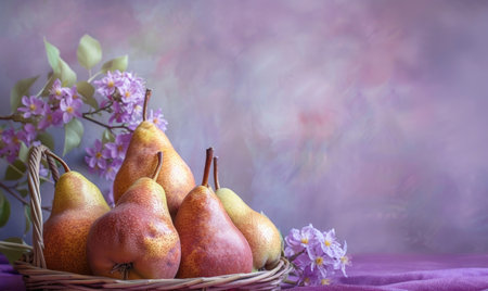 Pears in a basket with pear flowers on a pastel lavender backgroundの素材