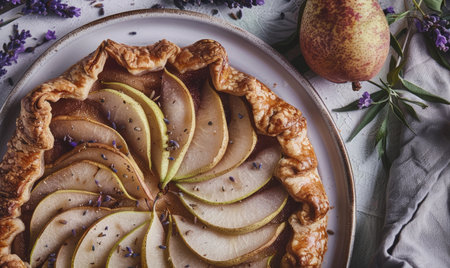 Pear galette on a pale lavender backdropの素材