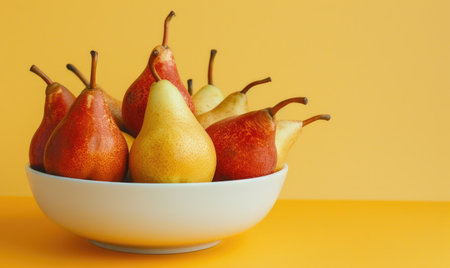 Pears in a bowl on a pastel yellow backgroundの素材