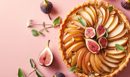 Pear and fig tart on a pale pink backdropの素材