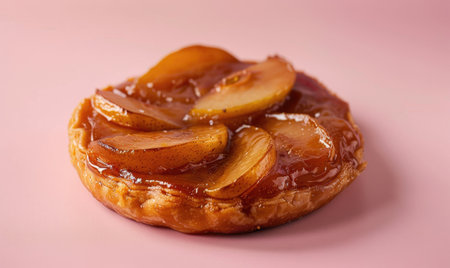 Pear tarte tatin on a light pink surface, caramelized dessertの素材