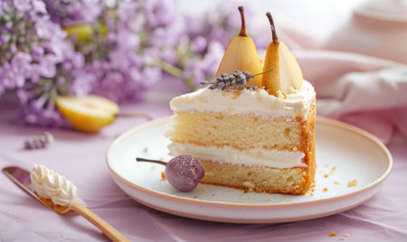 Pear and mascarpone cake on a pastel lavender backgroundの素材