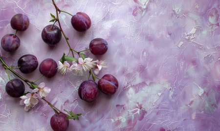 Fresh plums with blooming plum branches on a light lavender surface, crisp, bright, inviting, delicate, f/3 --ar 5:3 Job ID: 52c63e35-67a0-461e-801f-38cac0230d3eの素材