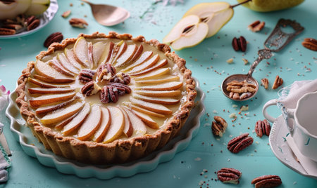 Pear and pecan tart on a pastel blue backgroundの素材