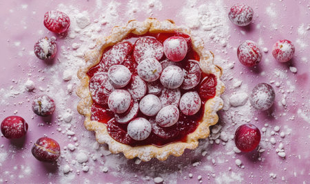 Plum and almond tart on a pale lavender backdropの素材