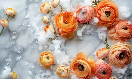 Pale orange ranunculus wreath in the snow on white marble backgroundの素材