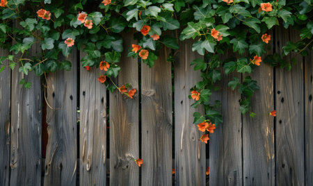 Wooden fence with trumpet vineの素材