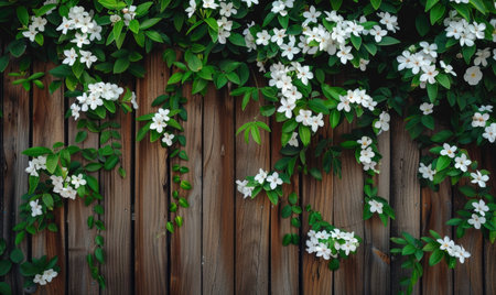 Wooden fence covered in jasmine blossomsの素材