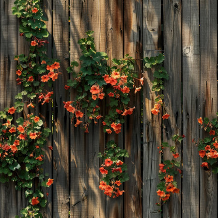 Wooden fence with trumpet vineの素材