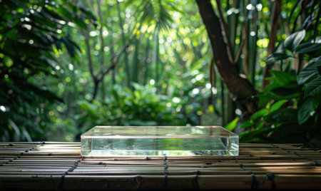 A translucent acrylic bloc on a natural bamboo table with a green foliage backdropの素材