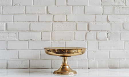 A polished brass bowl on a glossy white table against a minimalist white brick wall backdropの素材