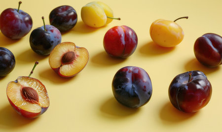 Assorted plums on a light yellow surfaceの素材
