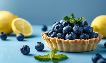 Blueberry tart on a pale blue background, lemon slices, mint leavesの素材