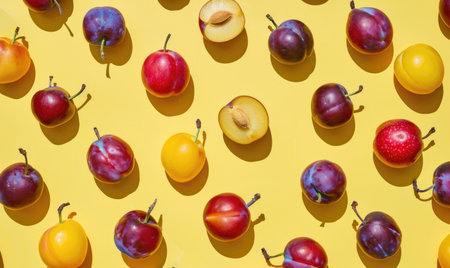 Assorted plums on a pale yellow backdropの素材
