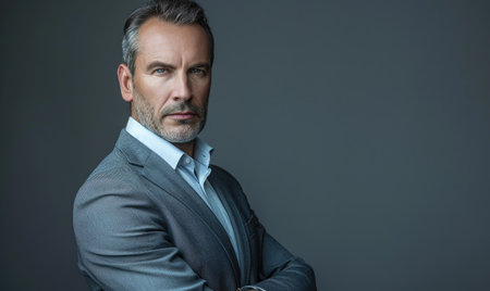 Corporate portrait of a middle-aged man in a gray suit against a matte gray backgroundの素材