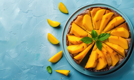 Mango and ginger cake on a pale blue backdropの素材