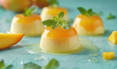 Mango panna cotta on a light blue surfaceの素材