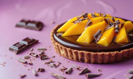 Mango and chocolate tart on a light lavender surfaceの素材