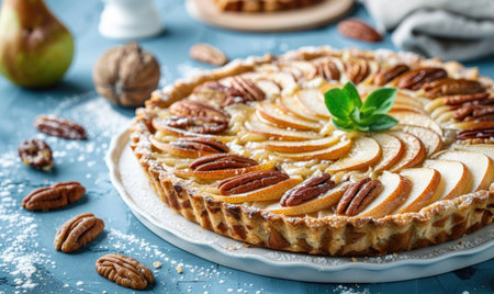 Pear and pecan tart on a pastel blue backgroundの素材