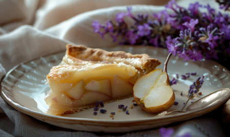 Pear and ginger pie on a pale lavender backdrop, spiced and sweet, inviting, delicious, elegant, f/3.5 --ar 5:3 Job ID: a47ae4a3-0d80-485e-b397-b089ebb0fd4fの素材