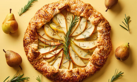 Pear and rosemary galette on a pale yellow backdropの素材