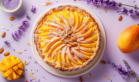 Mango and almond cake on a pale lavender backdropの素材