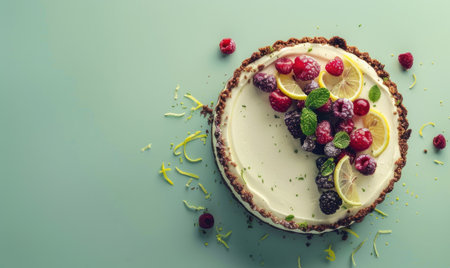 Mixed berry cheesecake on a pale green backdropの素材