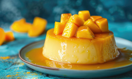 Mango and caramel flan on a pastel blue backgroundの素材