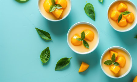 Mango panna cotta on a pale blue backdrop, top viewの素材