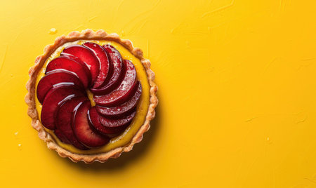 Plum custard tart on a light yellow surface, caramelized topの素材
