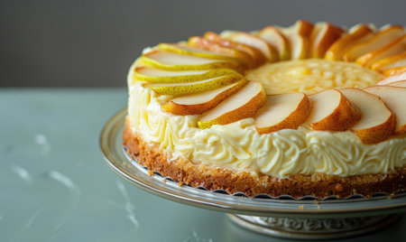 Pear cheesecake on a pale green backdropの素材