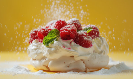 Raspberry pavlova on a light yellow backdropの素材