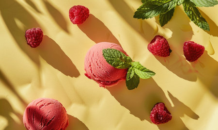 Raspberry sorbet on a pastel yellow surface, mint leavesの素材