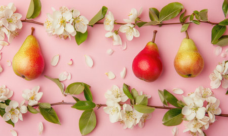 Red and green pears with blooming pear branches on a pale pink backdropの素材