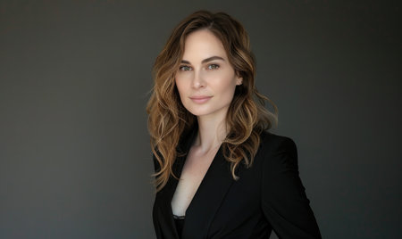 Portrait of a woman in a black blazer against a neutral gray backdropの素材